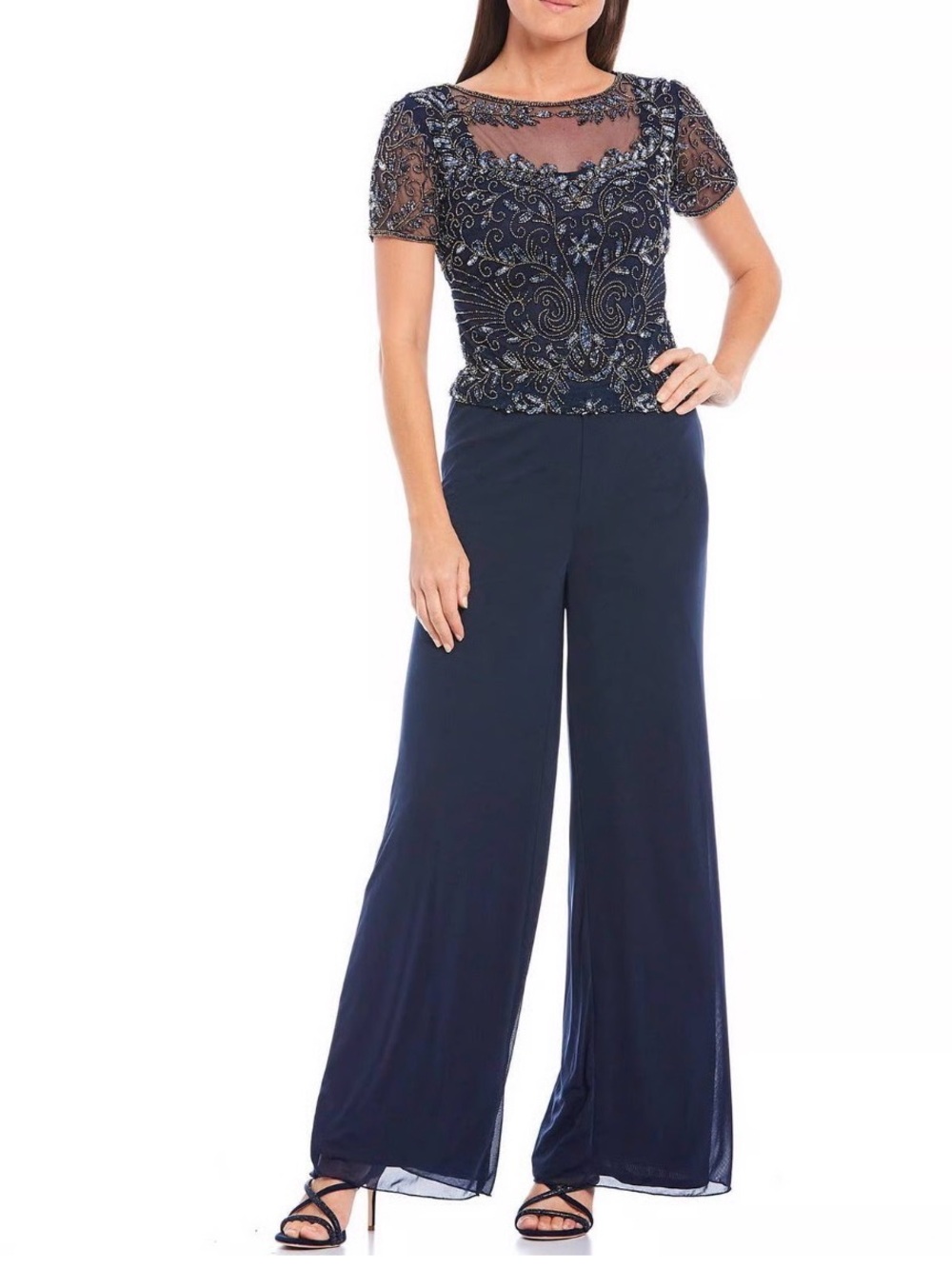 🥂 Pisarro Nights navy blue beaded/chiffon formal jumpsuit. Size 6.
